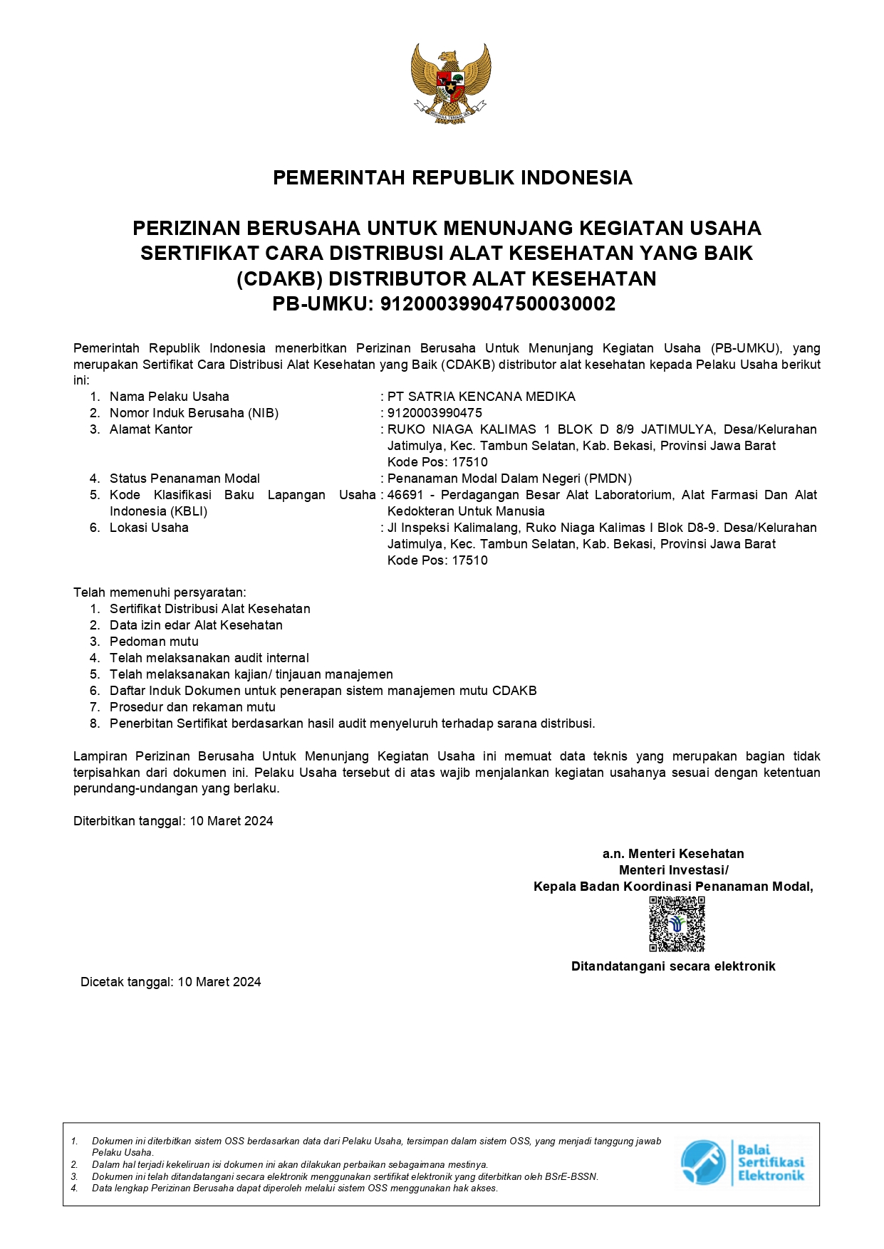 Sertifikasi:  SERTIFIKAT CARA DISTRIBUSI ALAT KESEHATAN YANG BAIK (CDAKB)